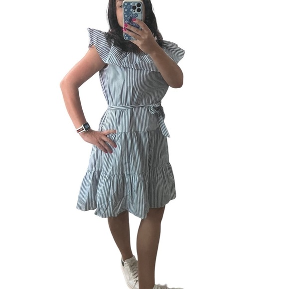 CREMIEUX Off The Shoulder Blue and White Pinstriped Dress - Picture 3 of 14